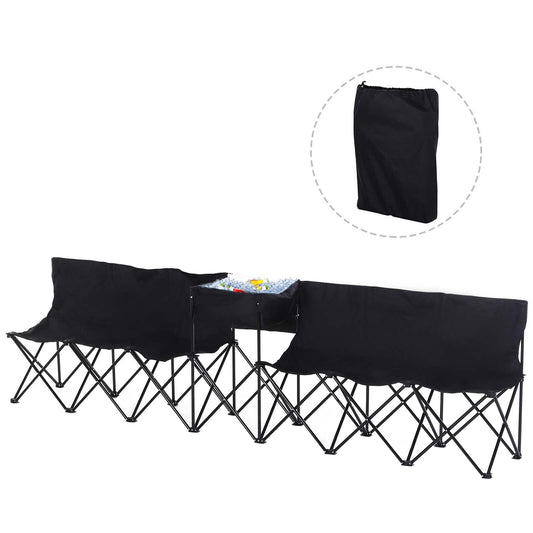 6 Seat Camping Bench Folding Portable Outdoor with Cooler Bag Black Outsunny