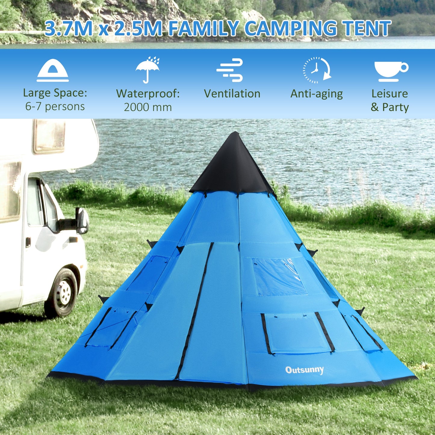 6-7 Person Large Family Party Camping Tent Carrying Bag, Mesh Window Outsunny