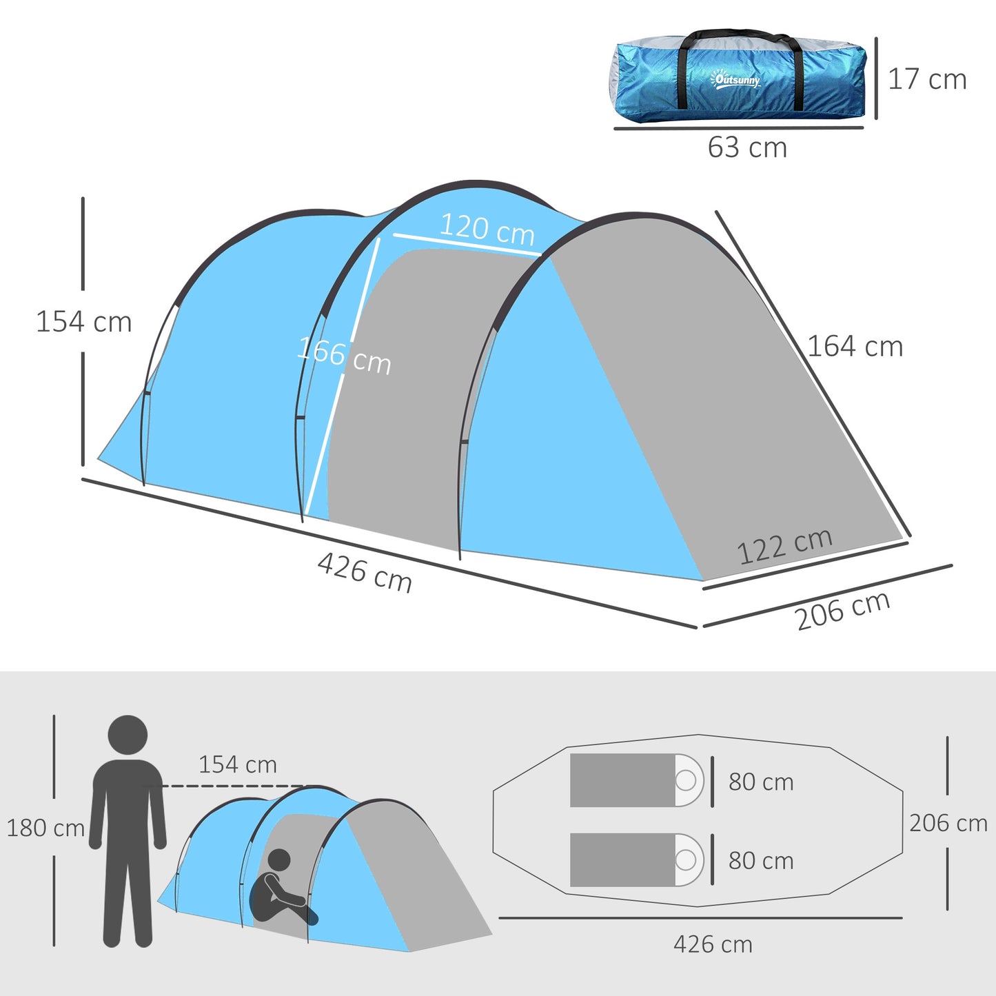 3 Man Camping Tent w/ 2 Rooms Porch Vents Rainfly Weather-Resistant Outsunny