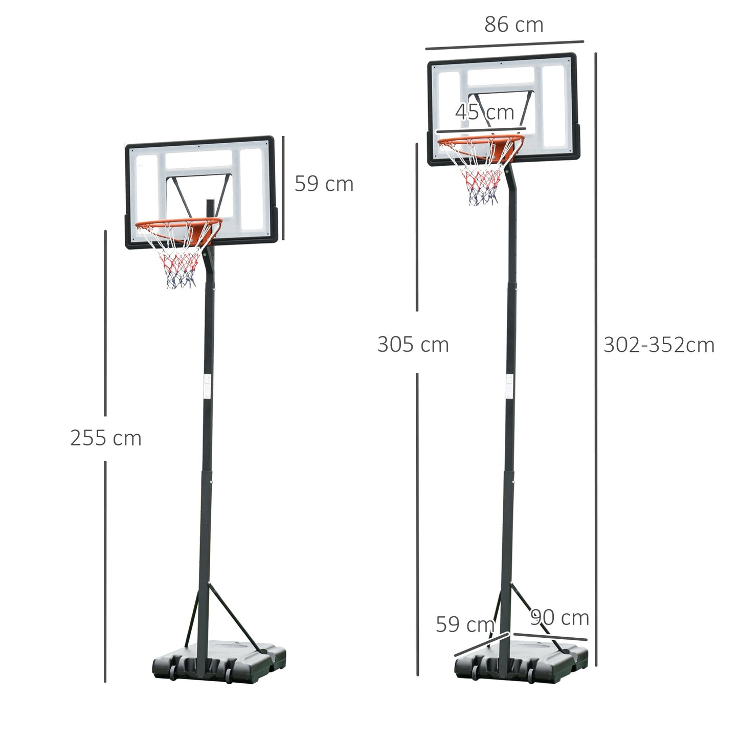 Basketball Hoop Freestanding 255-305cm Height Adjustable Stand  Wheels HOMCOM