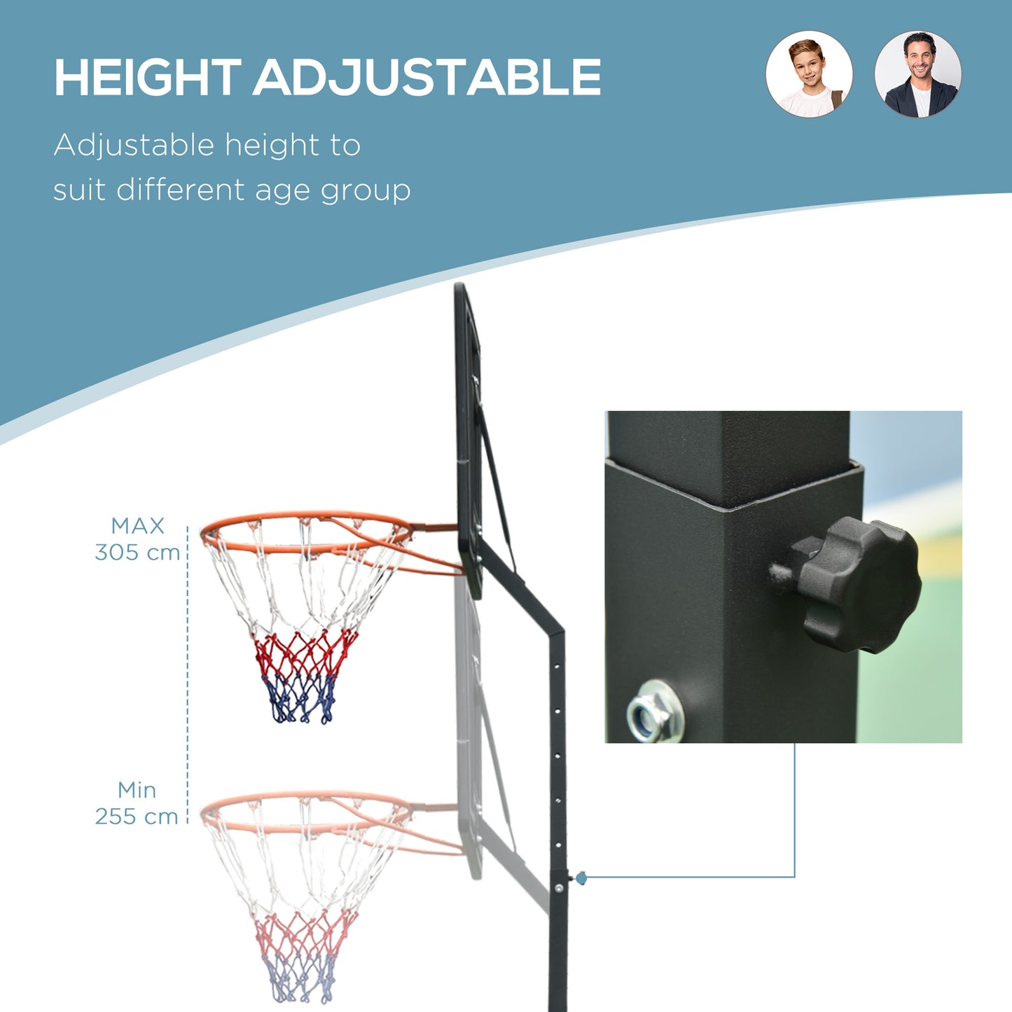 Basketball Hoop Freestanding 255-305cm Height Adjustable Stand  Wheels HOMCOM