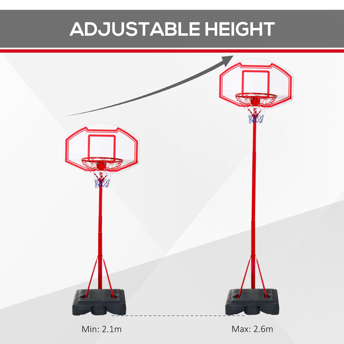 Adjustable Basketball Stand Backboard  with Wheels For Kids 2.1-2.6m HOMCOM