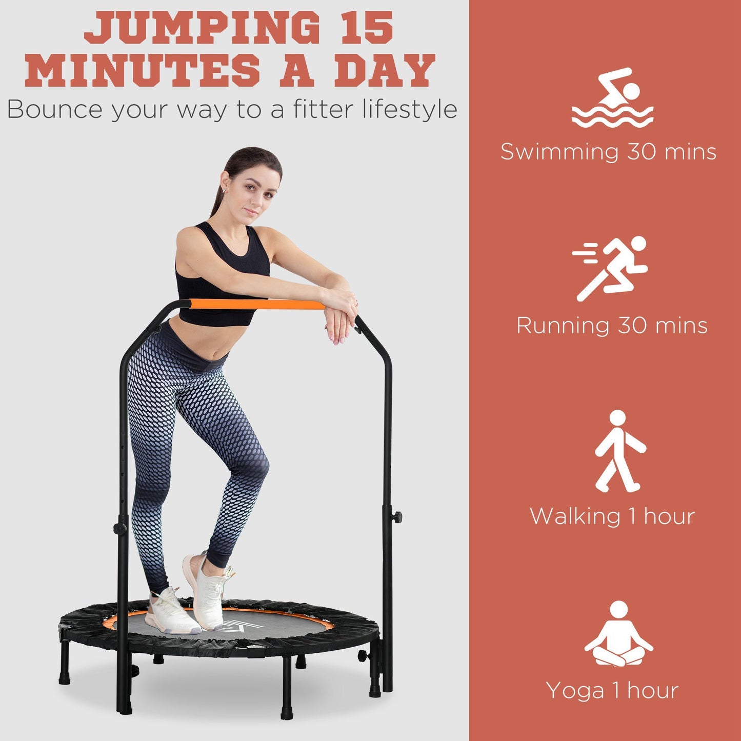 40" Foldable Mini Fitness Trampoline Rebounder Adjustable Foam Handle HOMCOM