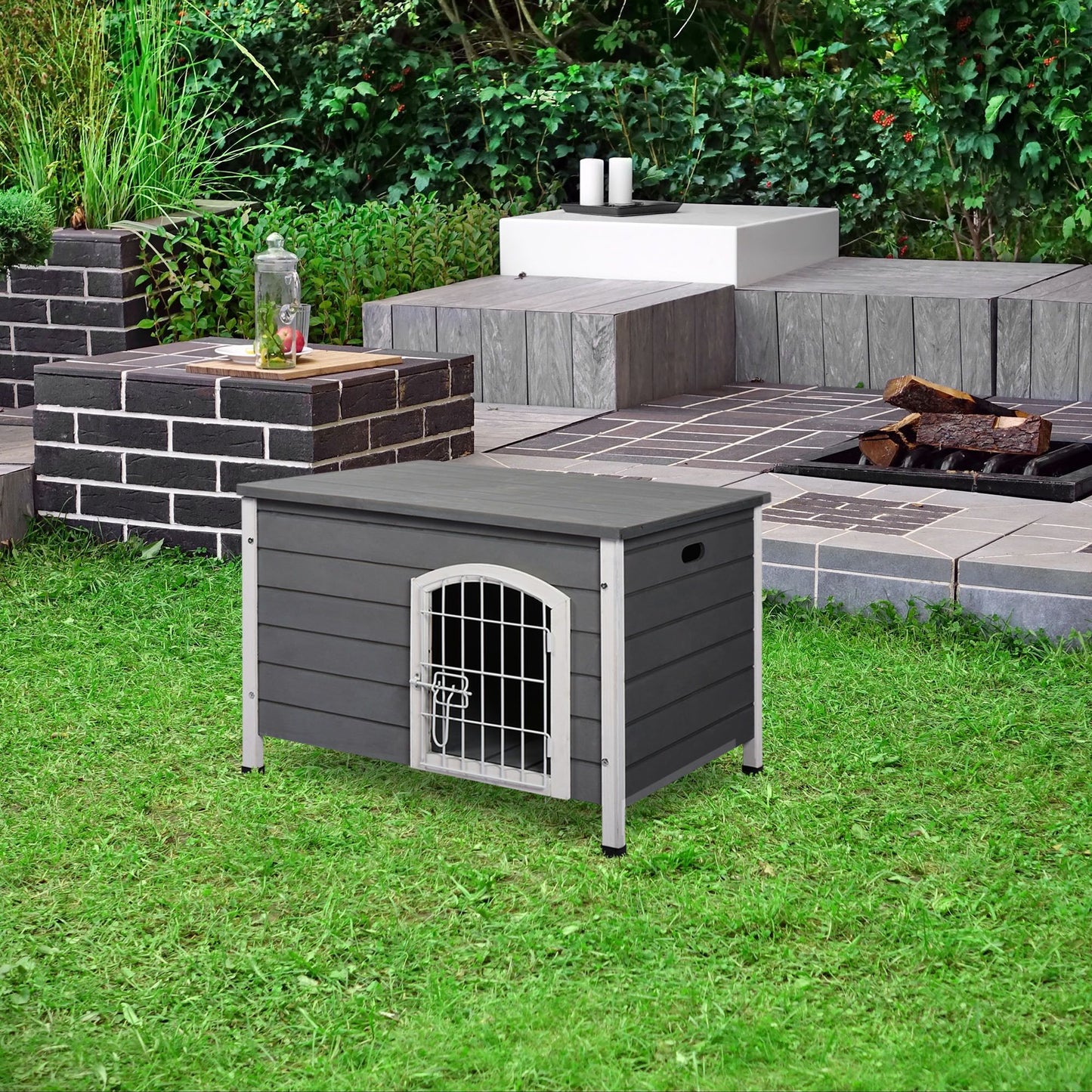 Wooden Dog Crate Kennel Lockable Door  Animal House Openable Top Gray Pawhut