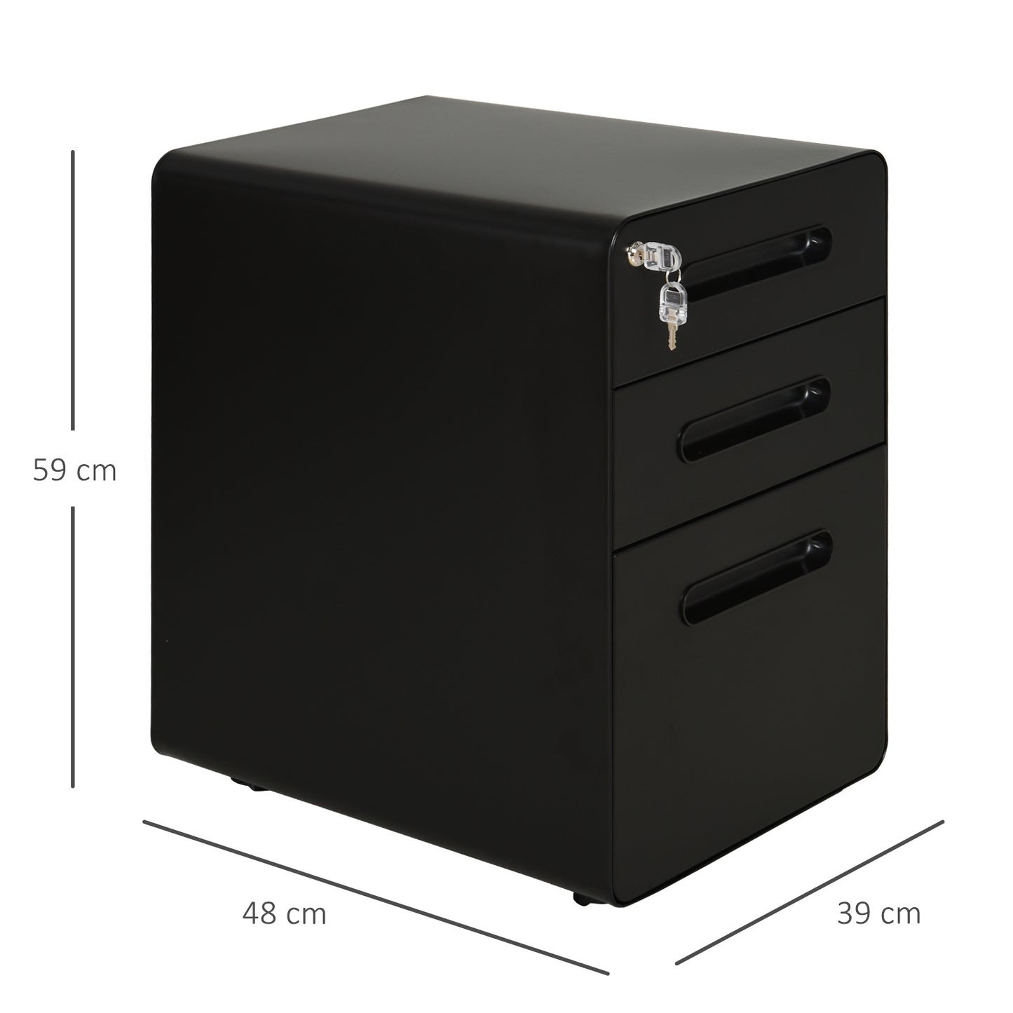 3 Draw Modern Steel Filing Cabinet w/ 4 Wheels Lock Pencil Box Black Vinsetto