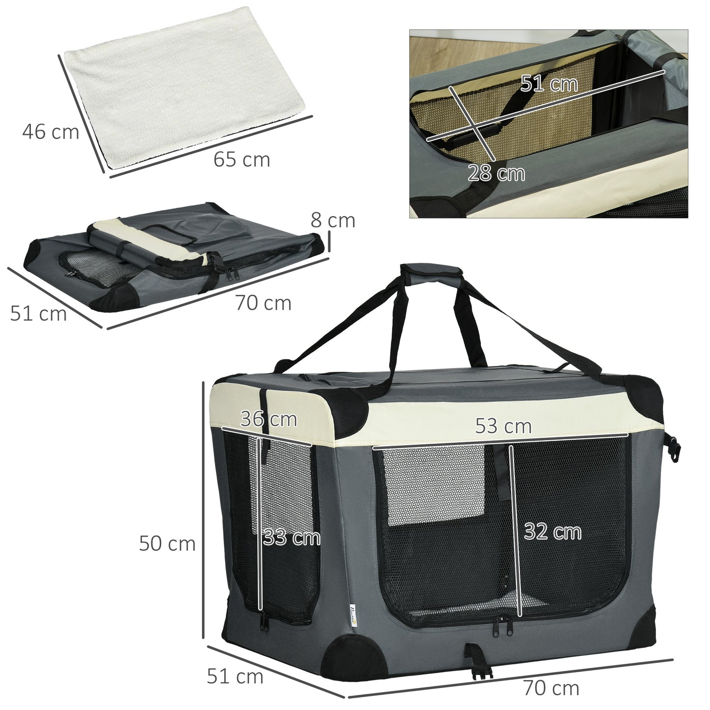 70cm Foldable Pet Carrier w/ Cushion for Mini Dogs and Cats - Grey Pawhut