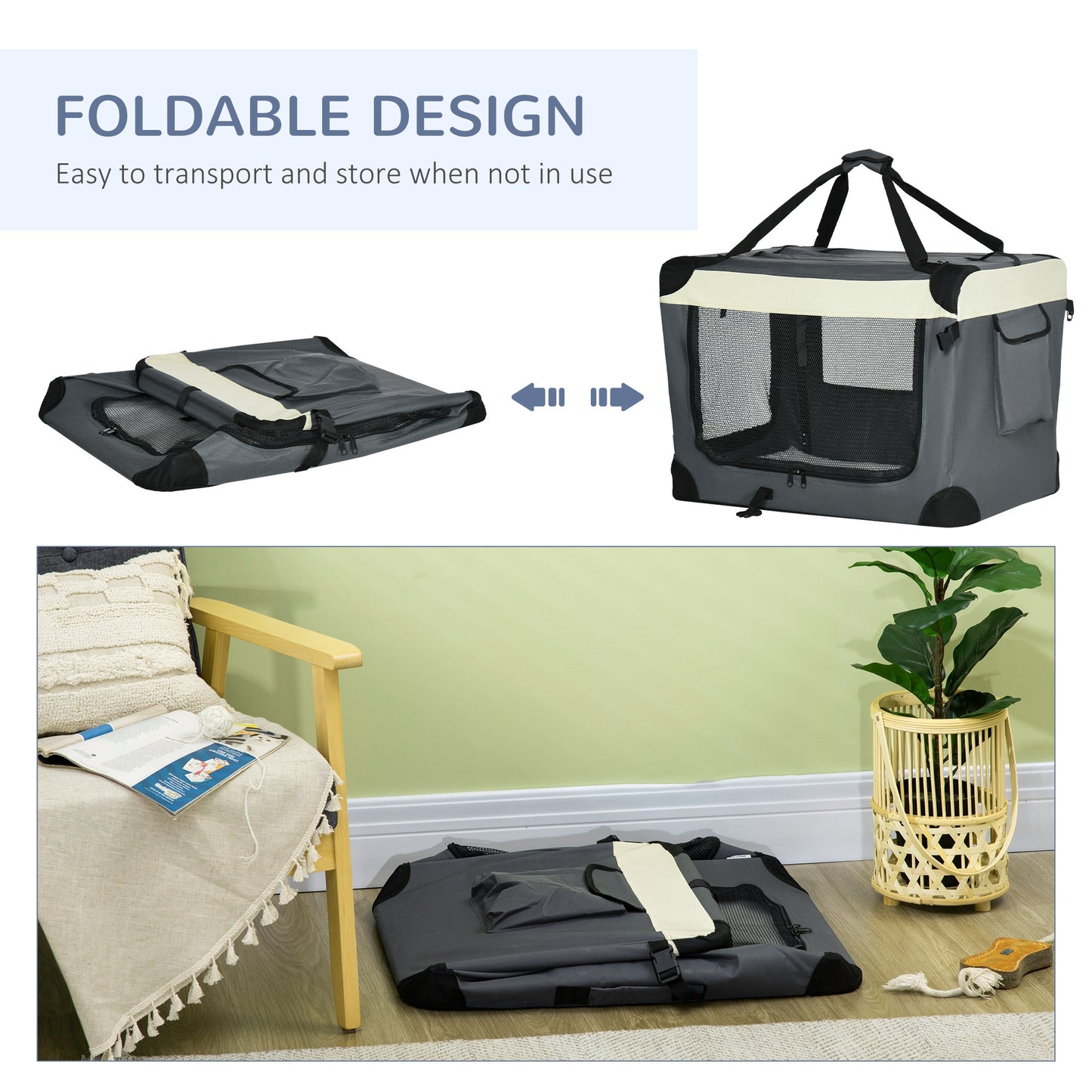 70cm Foldable Pet Carrier w/ Cushion for Mini Dogs and Cats - Grey Pawhut