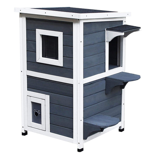 Wood 2-Floor Cat Condo Pet House Kitten Shelter with Window - Gray Pawhut