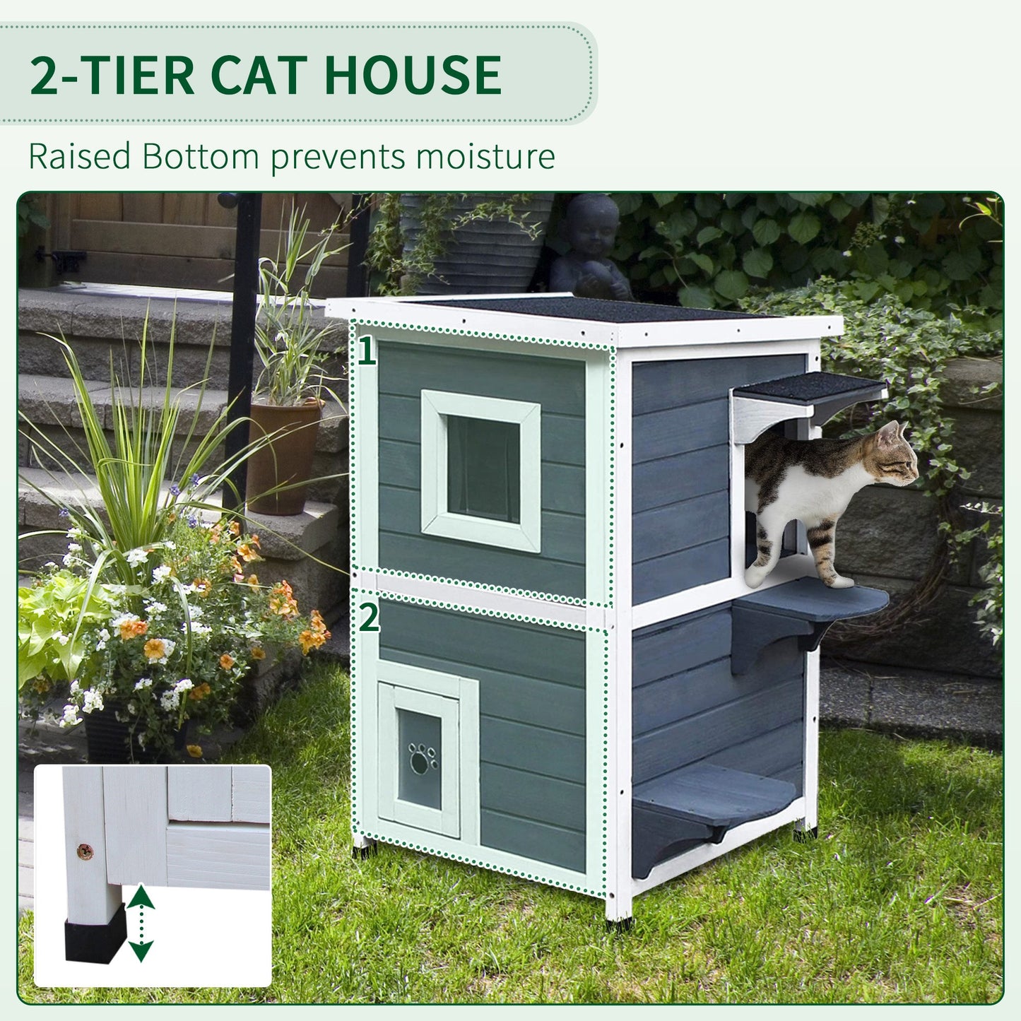 Wood 2-Floor Cat Condo Pet House Kitten Shelter with Window - Gray Pawhut