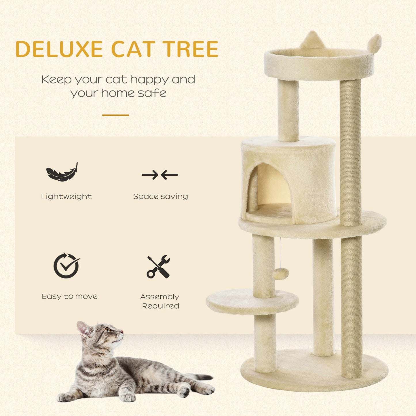 3-Tier Deluxe Cat Activity Tree Scratching Posts  Kitten Beige Pawhut