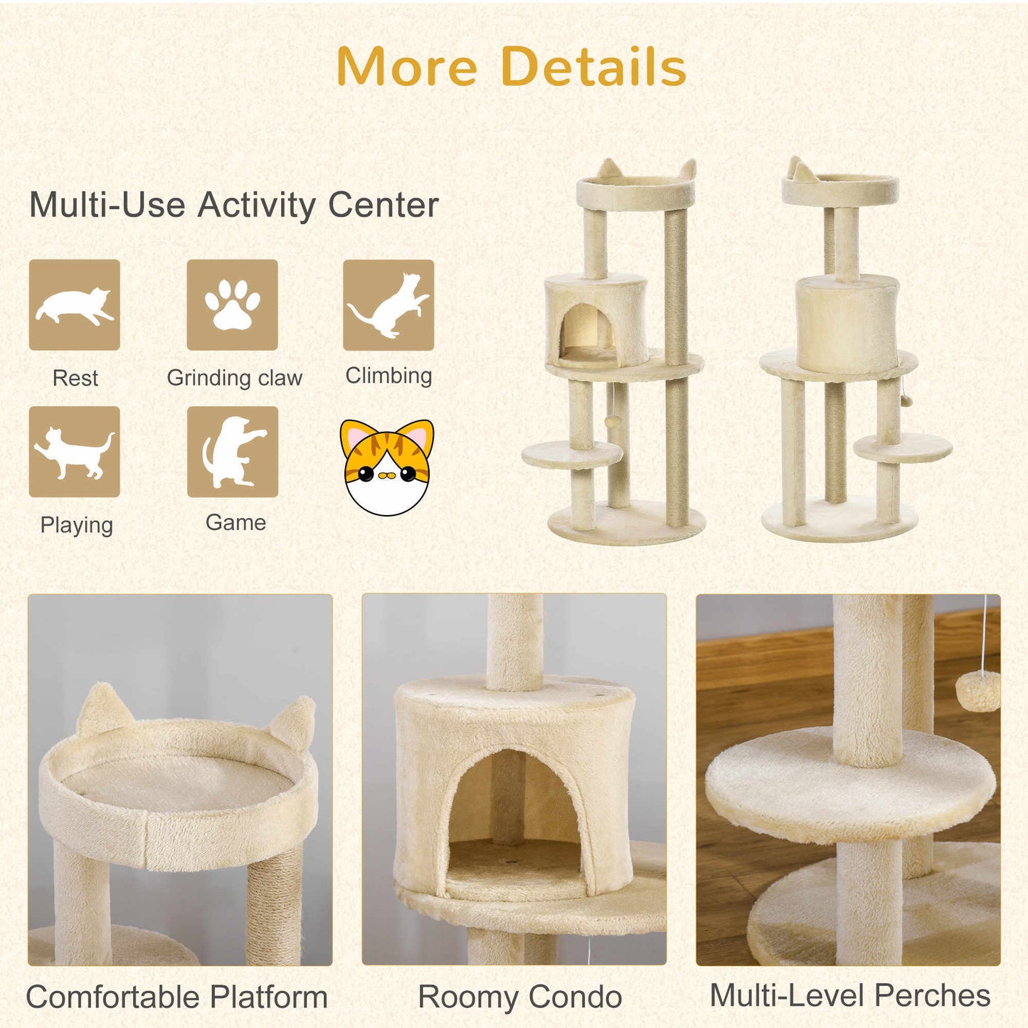 3-Tier Deluxe Cat Activity Tree Scratching Posts  Kitten Beige Pawhut