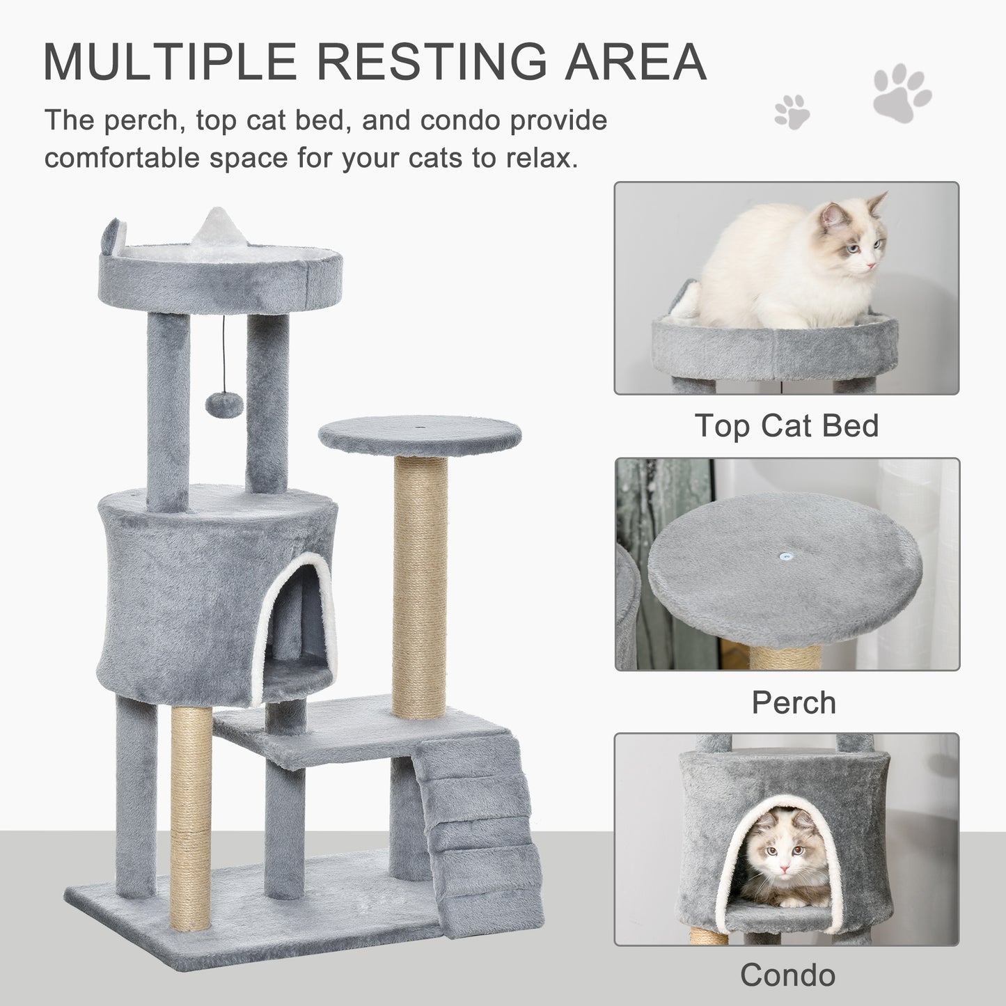 100cm Cat Tree with Climbing Ladder Scratching Post Ball, Light Grey Pawhut