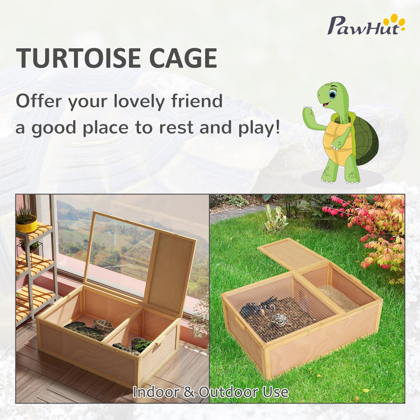 94 cm Wooden Tortoise House Turtle Habitat Small Reptile Cage Yellow Pawhut