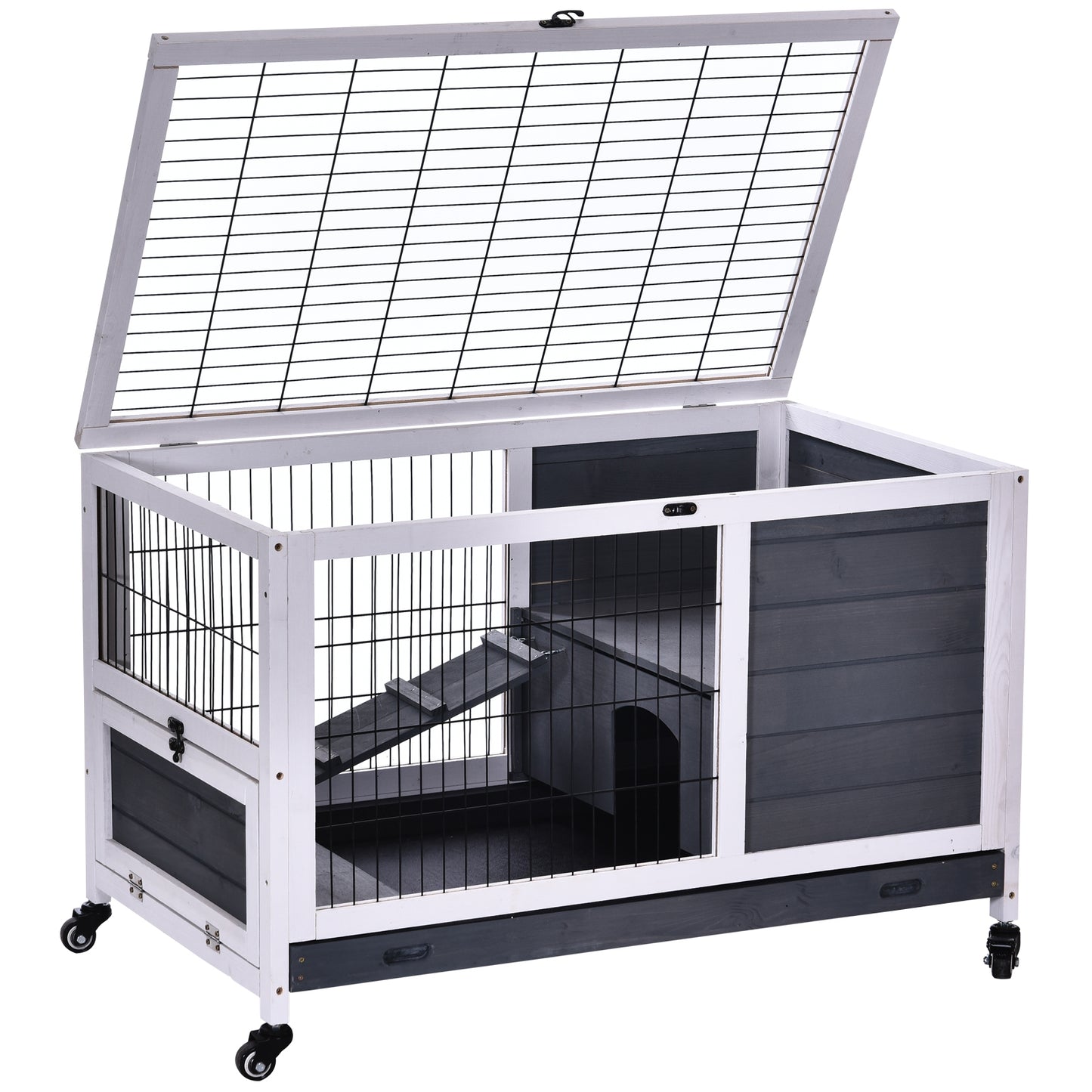 Wood Indoor Rabbit Hutch Elevated 2-Floor Guineas Pigs Cage w/ Wheels Pawhut