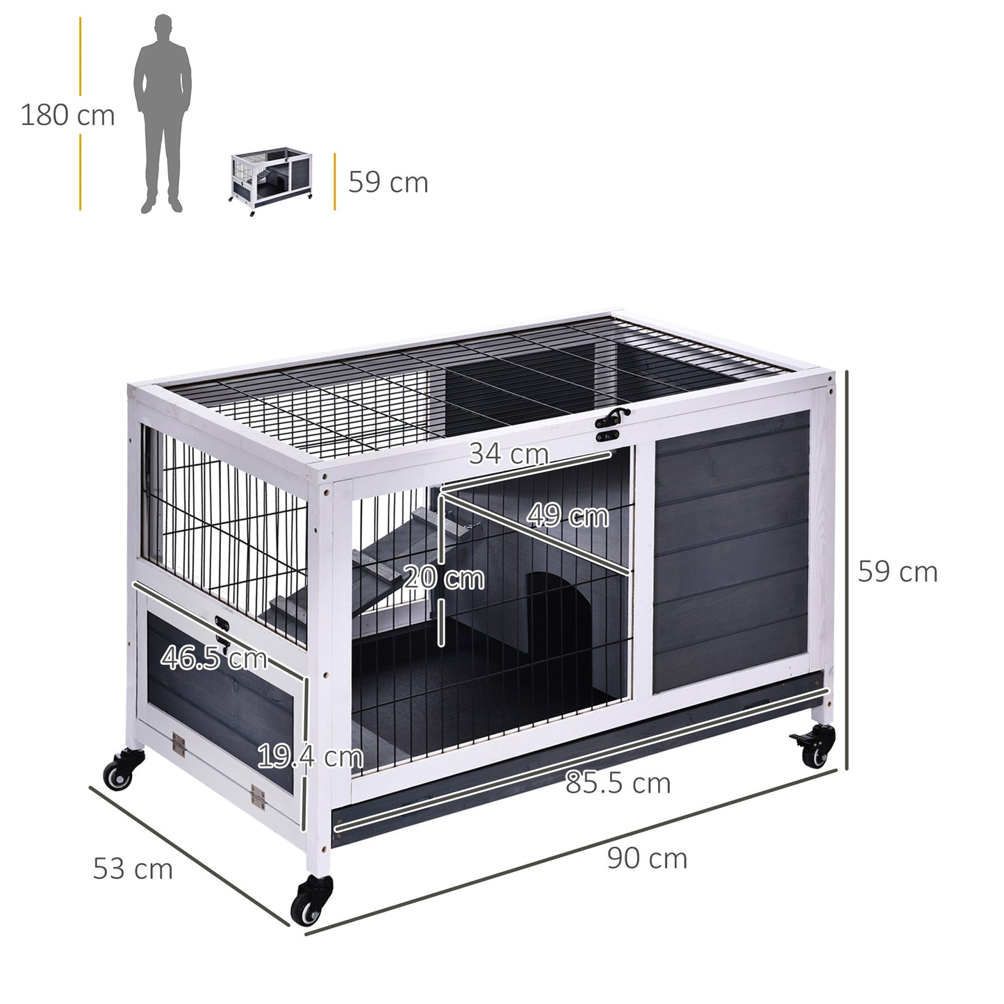 Wood Indoor Rabbit Hutch Elevated 2-Floor Guineas Pigs Cage w/ Wheels Pawhut