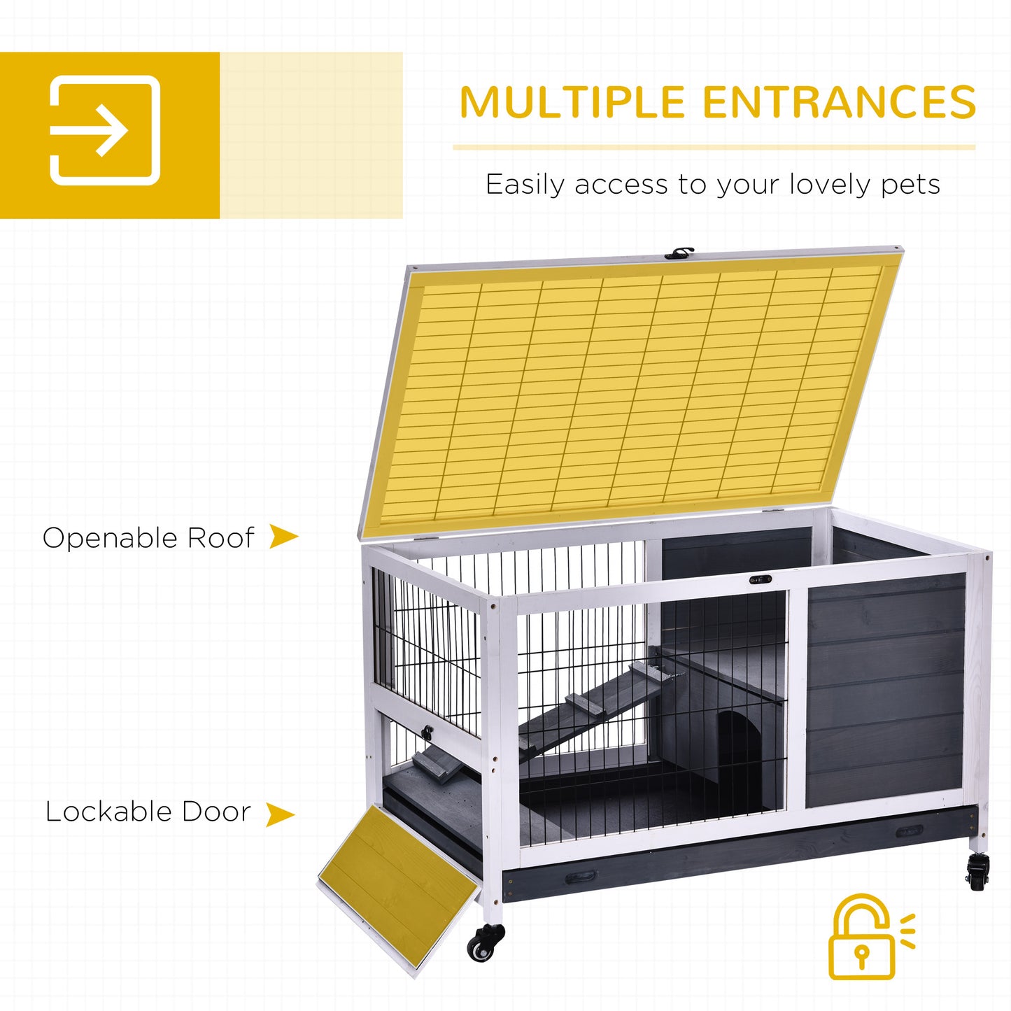 Wood Indoor Rabbit Hutch Elevated 2-Floor Guineas Pigs Cage w/ Wheels Pawhut