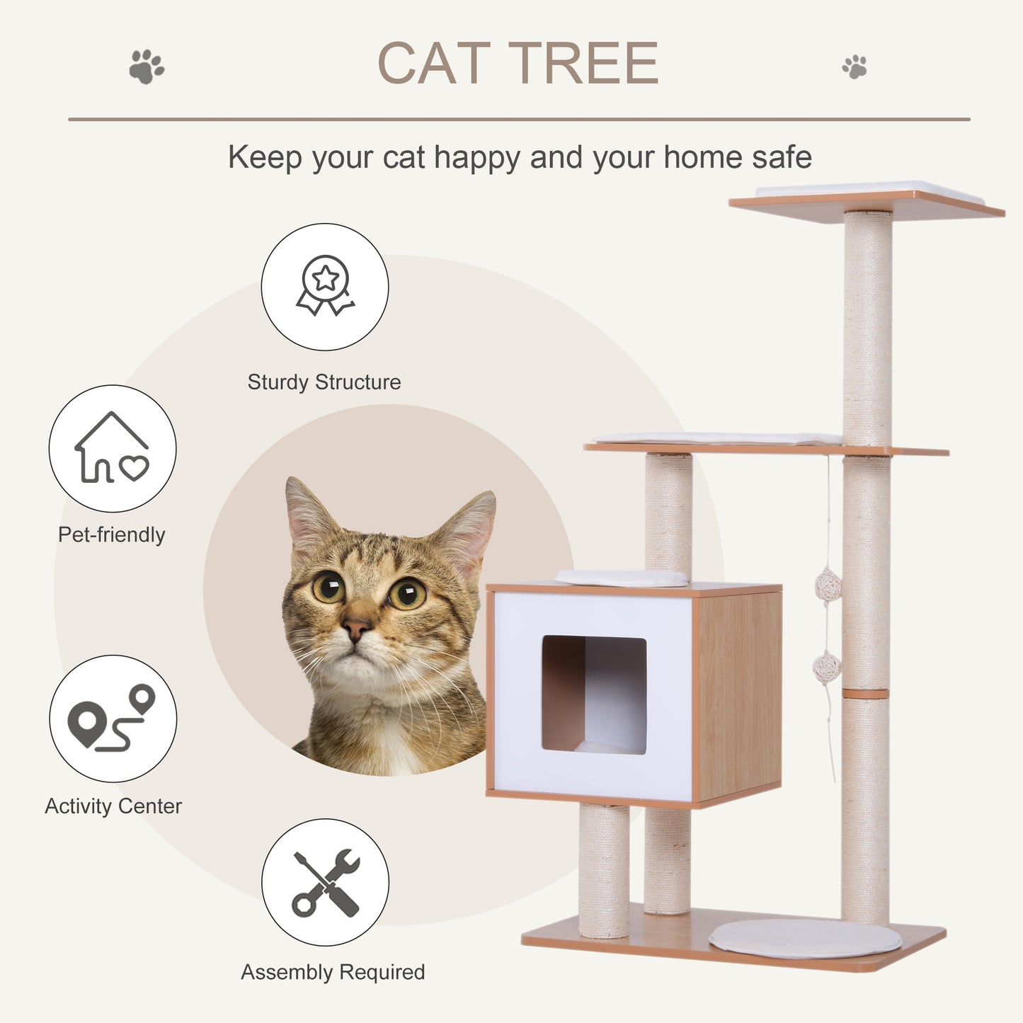 Wood Cat Tree Tower Scratching Post Kitten Activity Centre w/ Cushion Pawhut