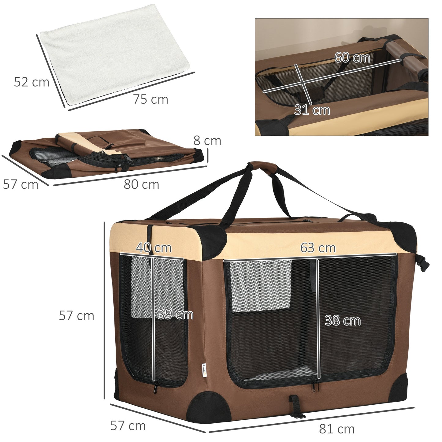 81cm Foldable Pet Carrier w/ Cushion for Medium Dogs and Cats - Brown Pawhut