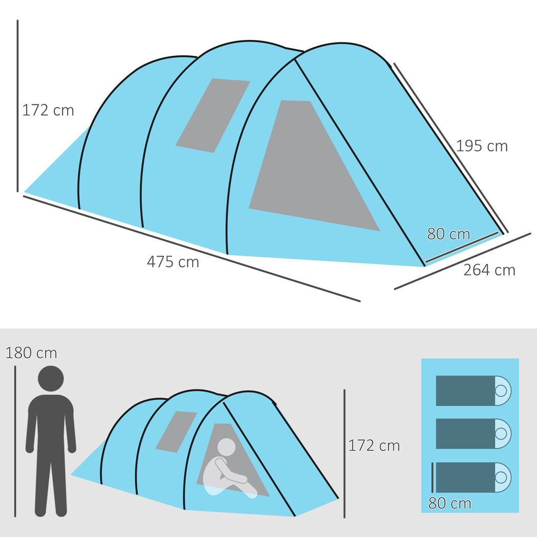 3-4 Persons Tunnel Tent, Two Room Camping Tent w/ Windows, Blue