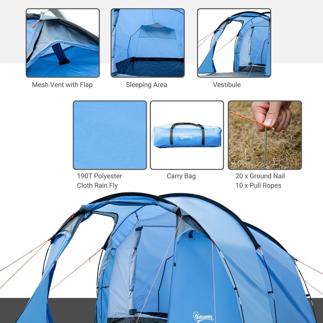 3 Man 2 Room Tent Camping Tent With Living Area Air Vents Blue