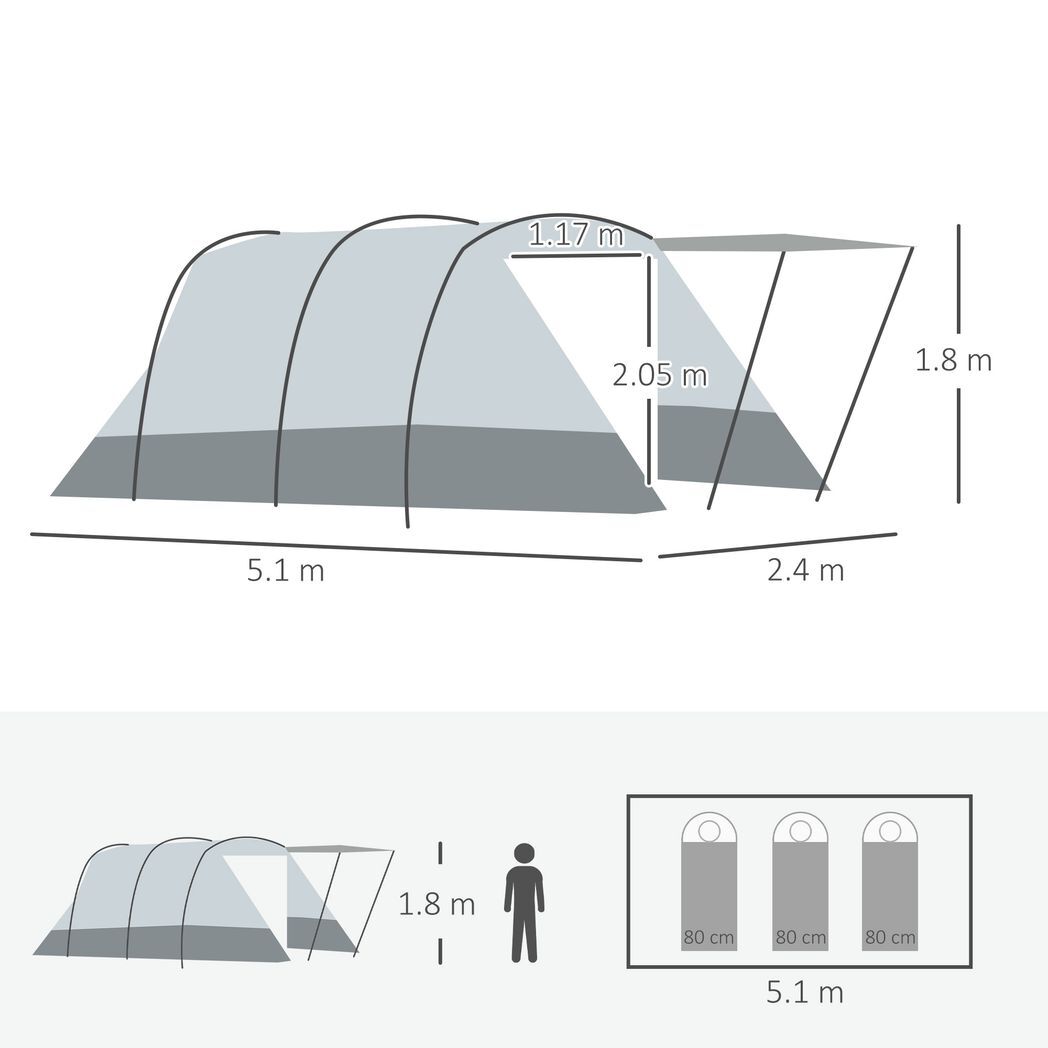 6-8 Person Tunnel Tent, Two-room Camping Tent with Carry Bag, Grey