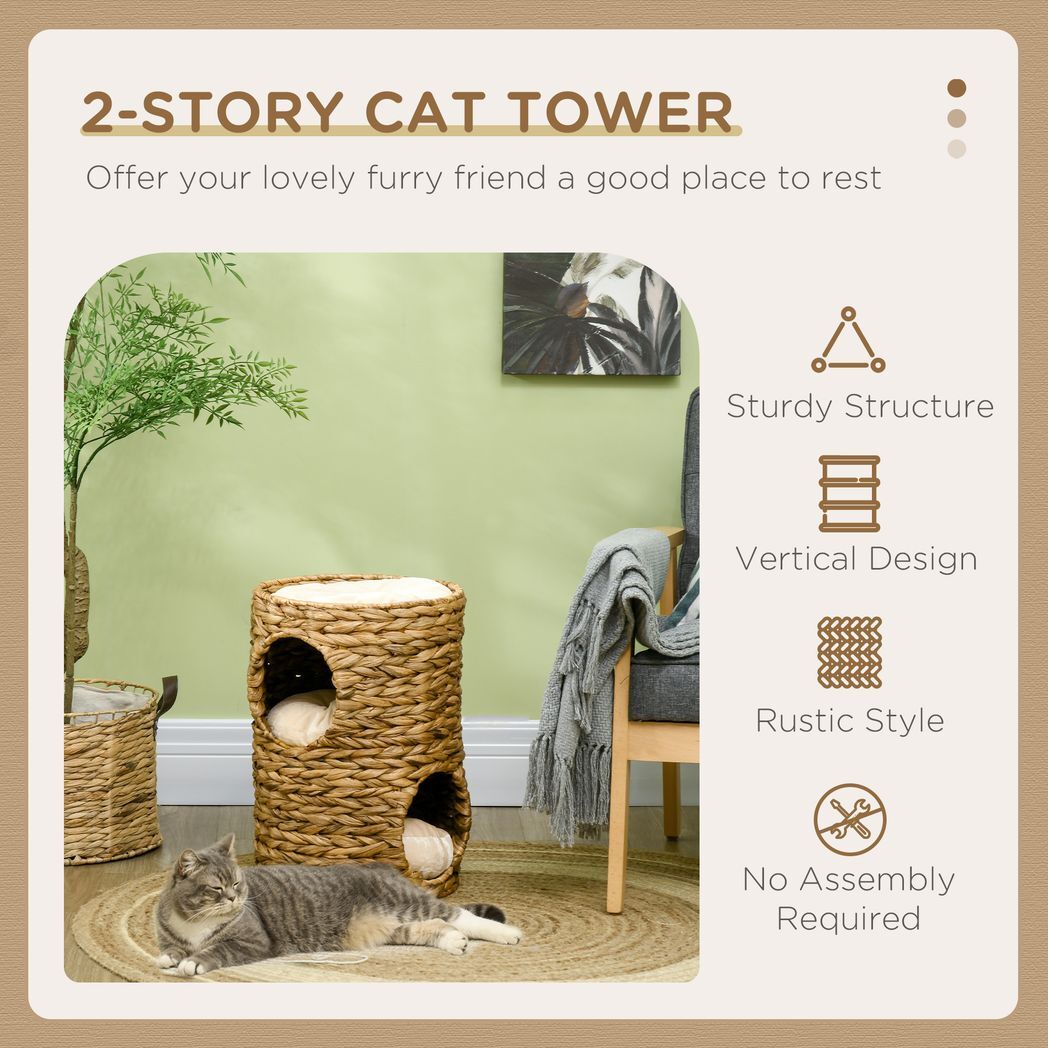 47cm Cat Barrel Tree for Indoor Cats w/ Two Cat Houses, Cushion