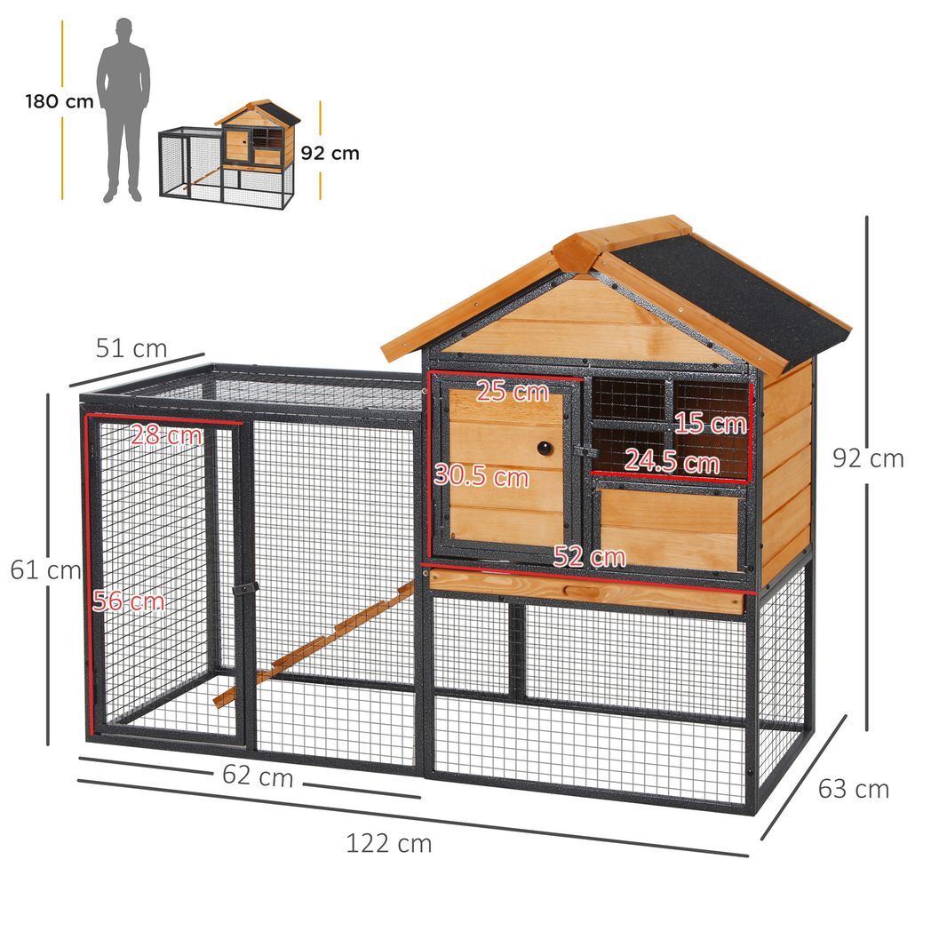 Wood-metal Rabbit Hutch Elevated Pet House Outdoor 122 x 63 x 92cm