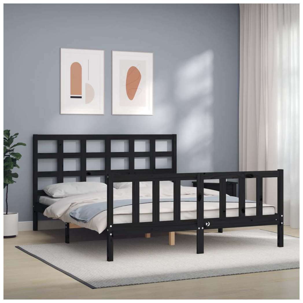 Bed Frame with Headboard Black King Size Solid Wood