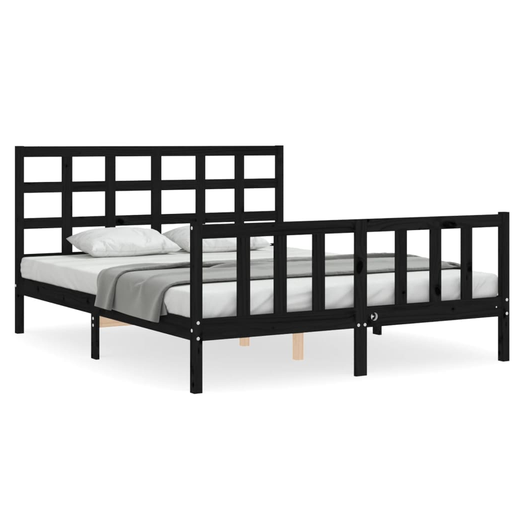 Bed Frame with Headboard Black King Size Solid Wood