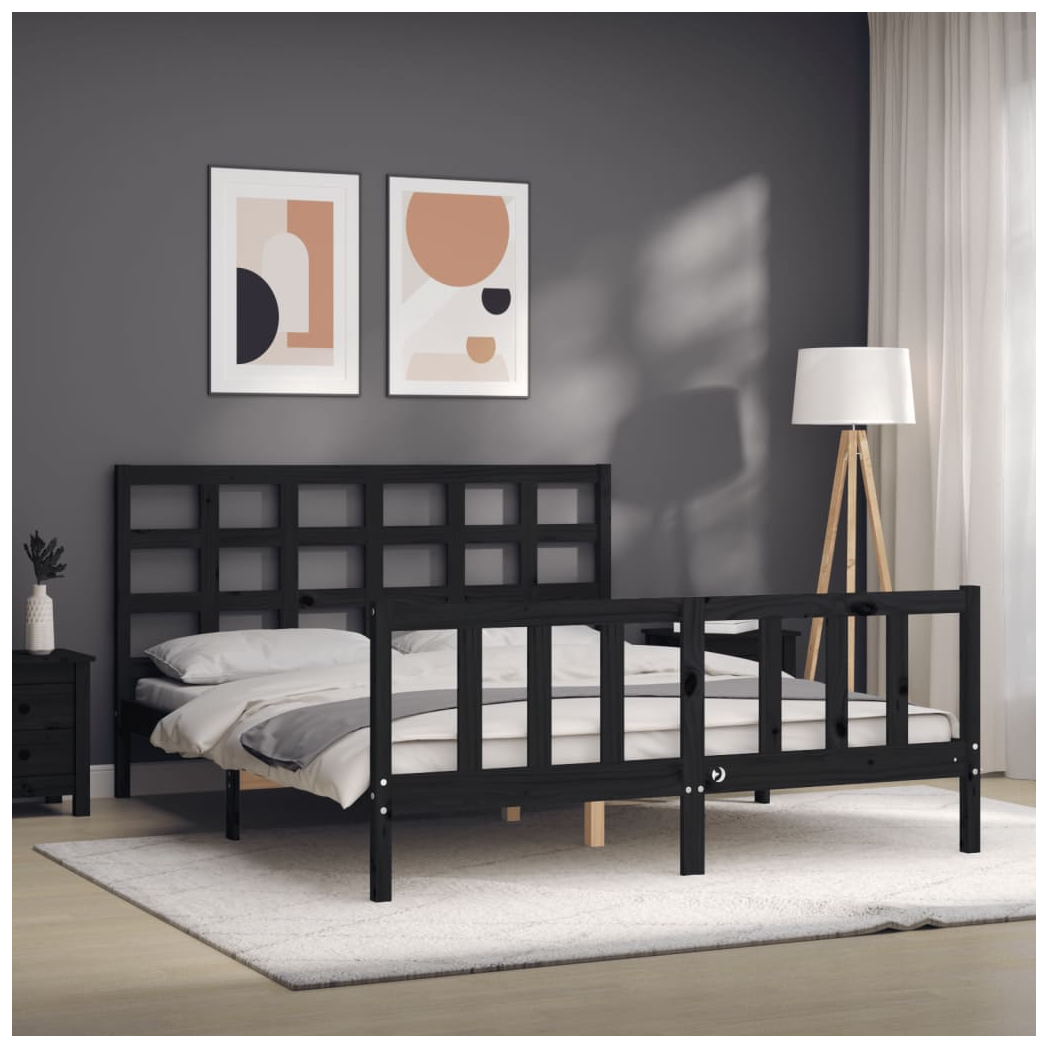 Bed Frame with Headboard Black King Size Solid Wood