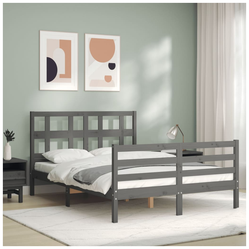 Bed Frame with Headboard Grey 140x190 cm Solid Wood