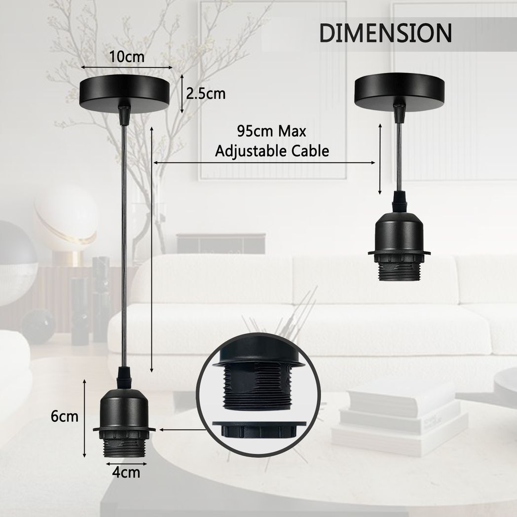 2 Pack Industrial White Pendant Light Fitting, Lampshade  Holder Fitting Set With PVC Cable.