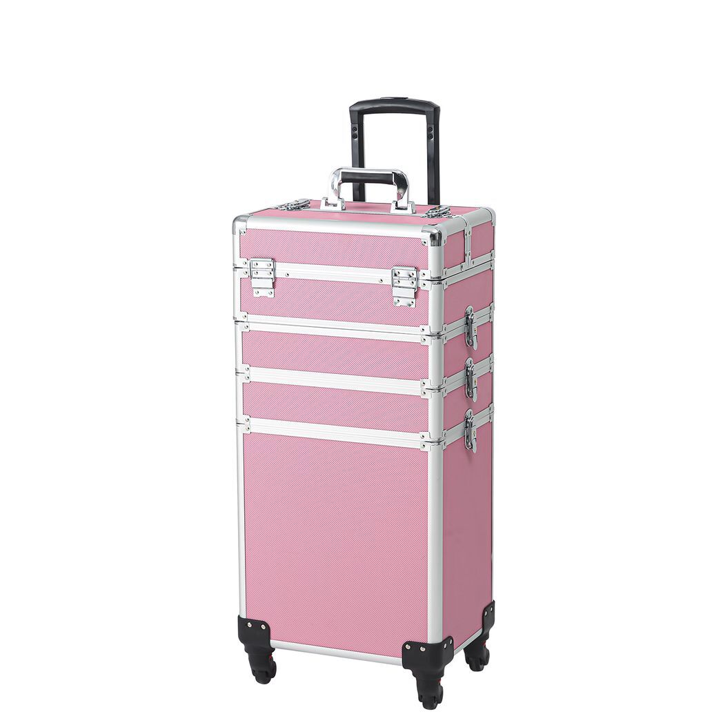 4-in-1 Draw-bar Style Interchangeable Aluminum Rolling Makeup Case Pink