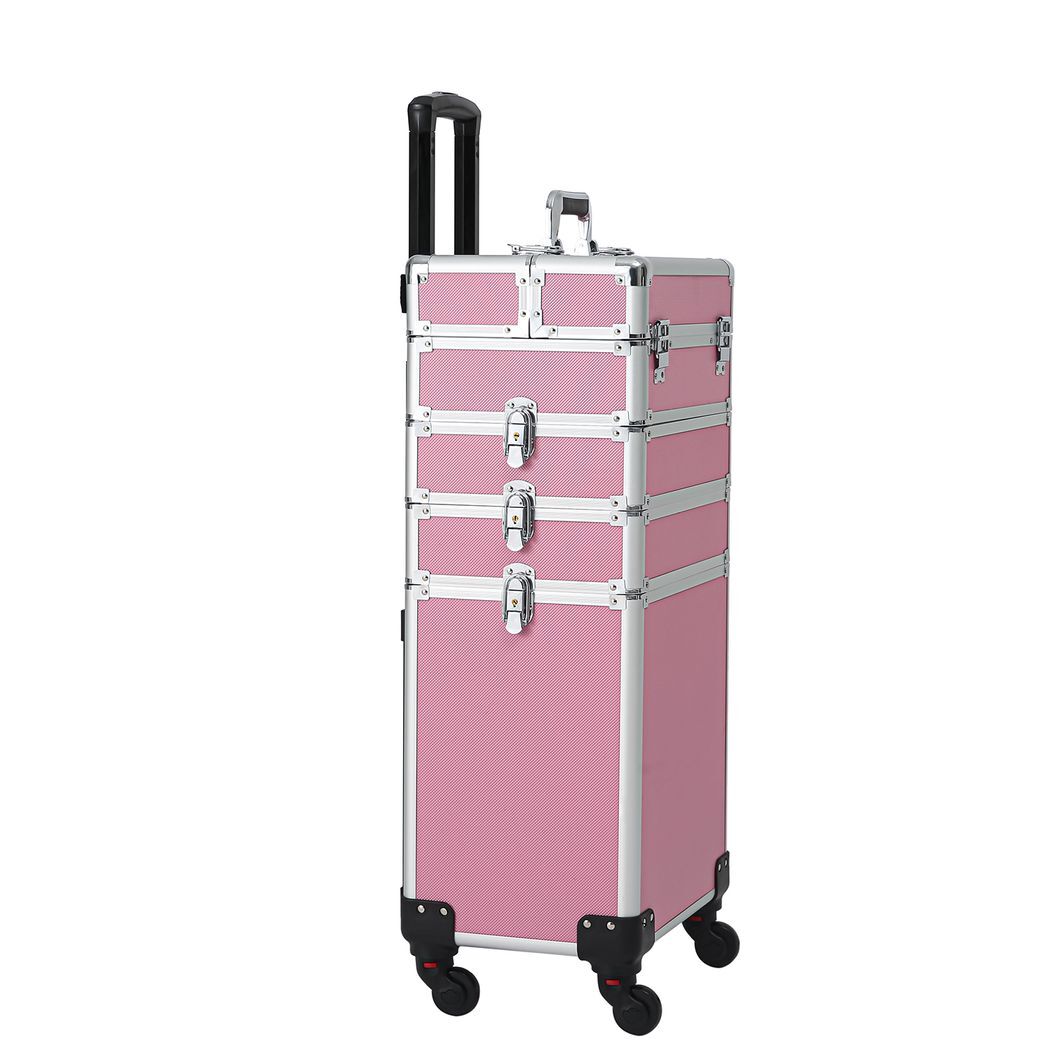 4-in-1 Draw-bar Style Interchangeable Aluminum Rolling Makeup Case Pink