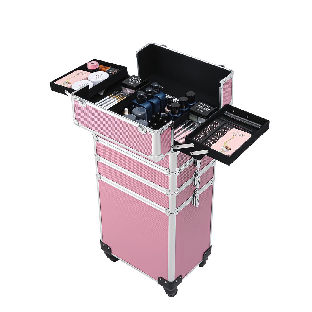 4-in-1 Draw-bar Style Interchangeable Aluminum Rolling Makeup Case Pink