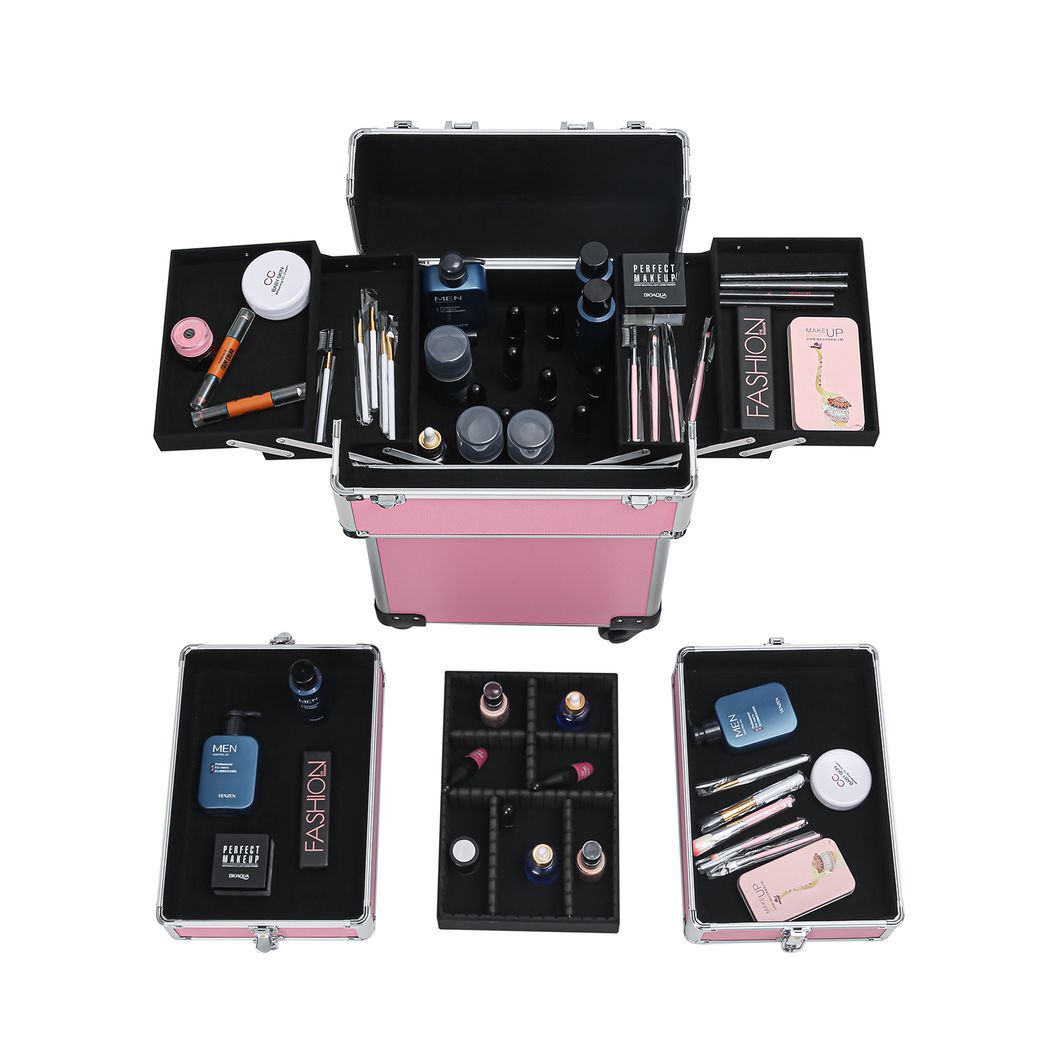 4-in-1 Draw-bar Style Interchangeable Aluminum Rolling Makeup Case Pink