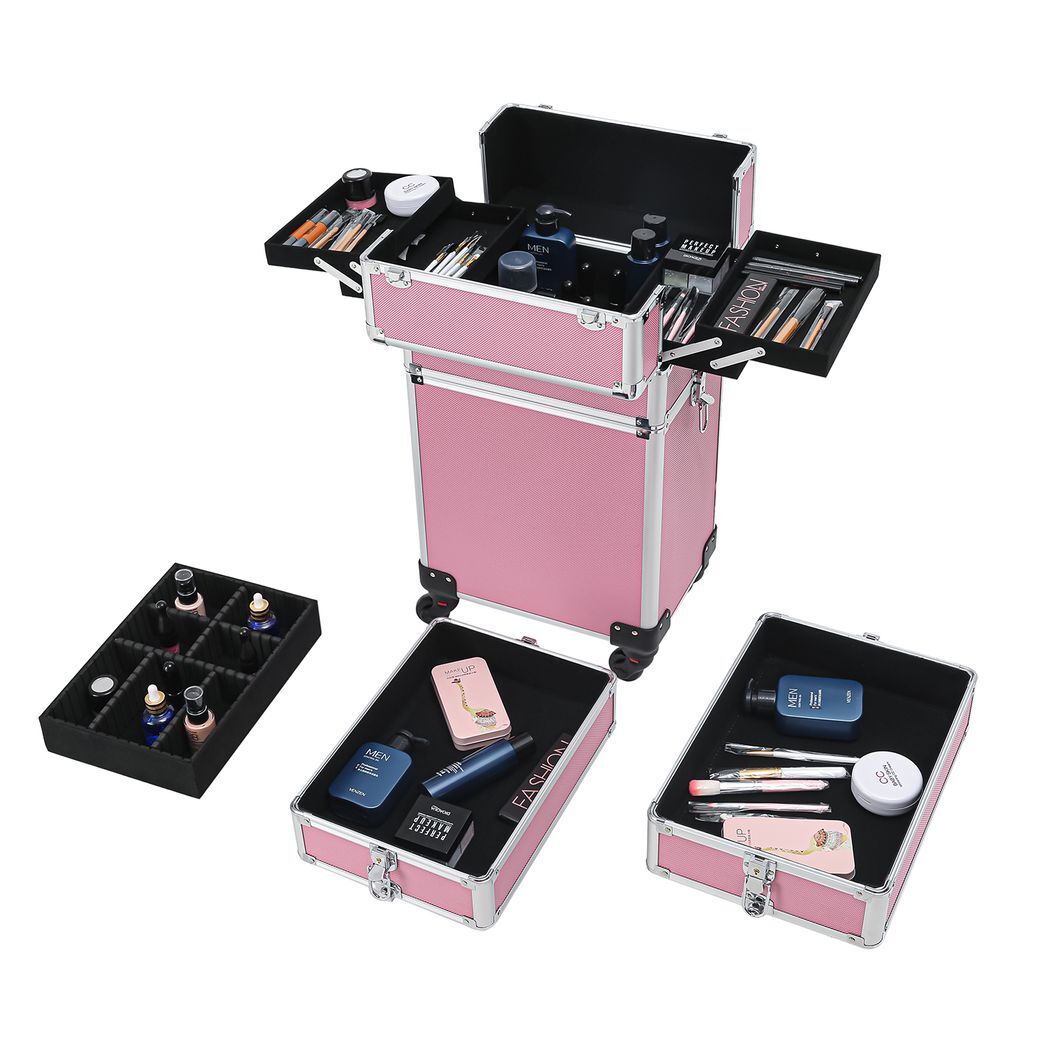 4-in-1 Draw-bar Style Interchangeable Aluminum Rolling Makeup Case Pink