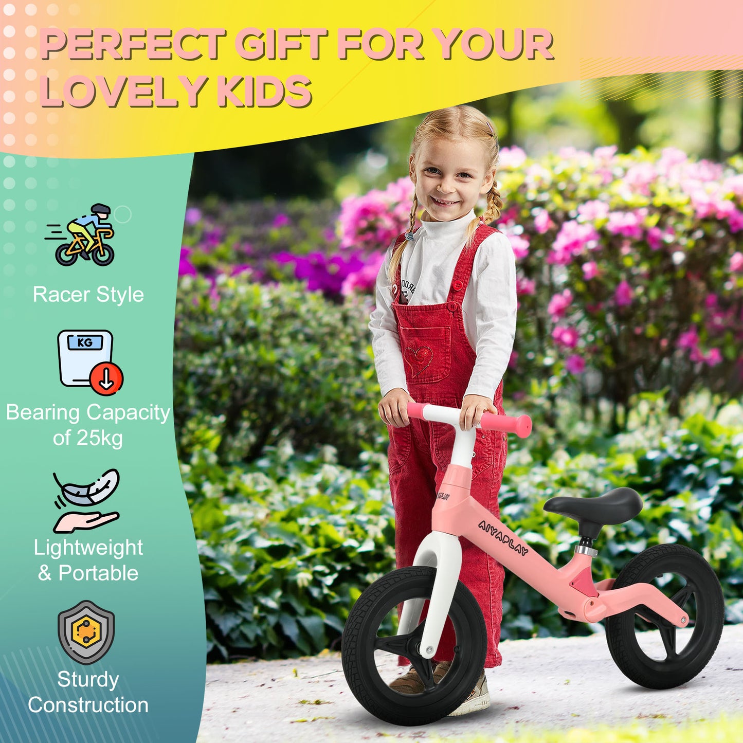 Baby Balance Bike, Training Bike w/ Adjustable Seat and Handlebar - Pink