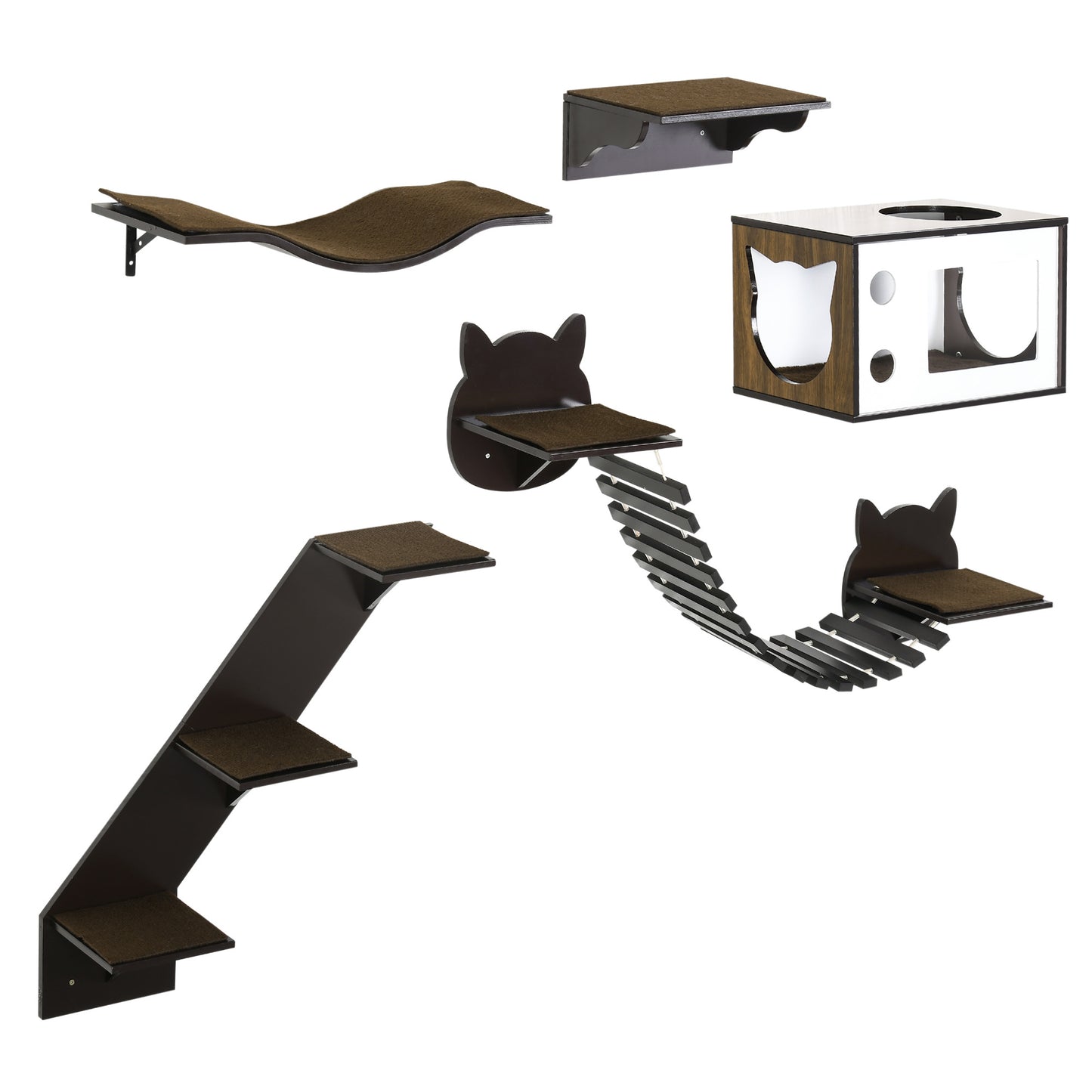 5 Piece Cat Wall Shelves with Curved Platform, Cat House, Bridge, Stairs