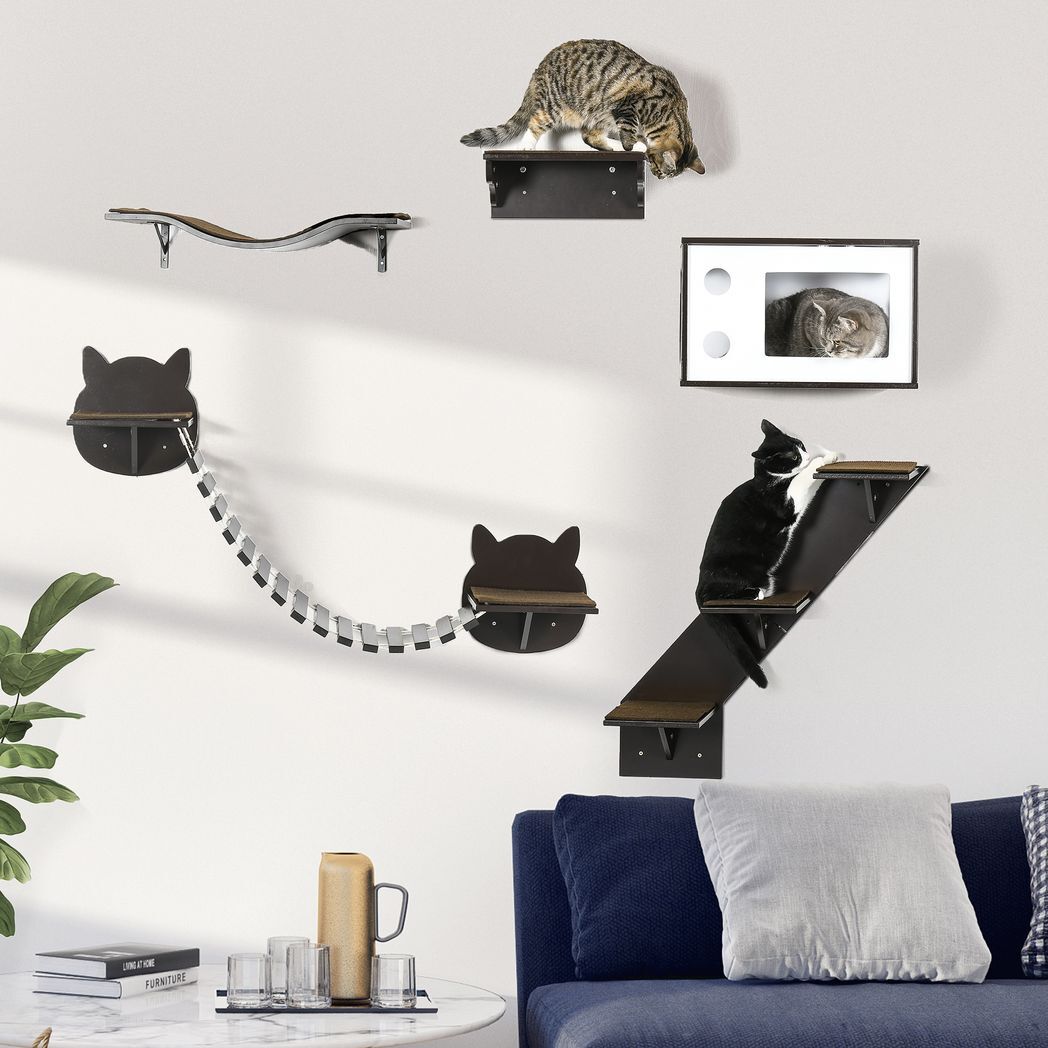 5 Piece Cat Wall Shelves with Curved Platform, Cat House, Bridge, Stairs