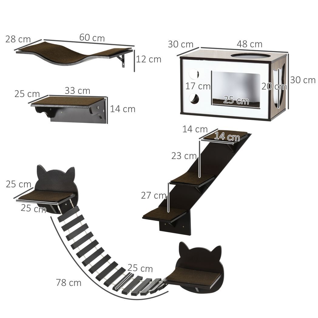 5 Piece Cat Wall Shelves with Curved Platform, Cat House, Bridge, Stairs