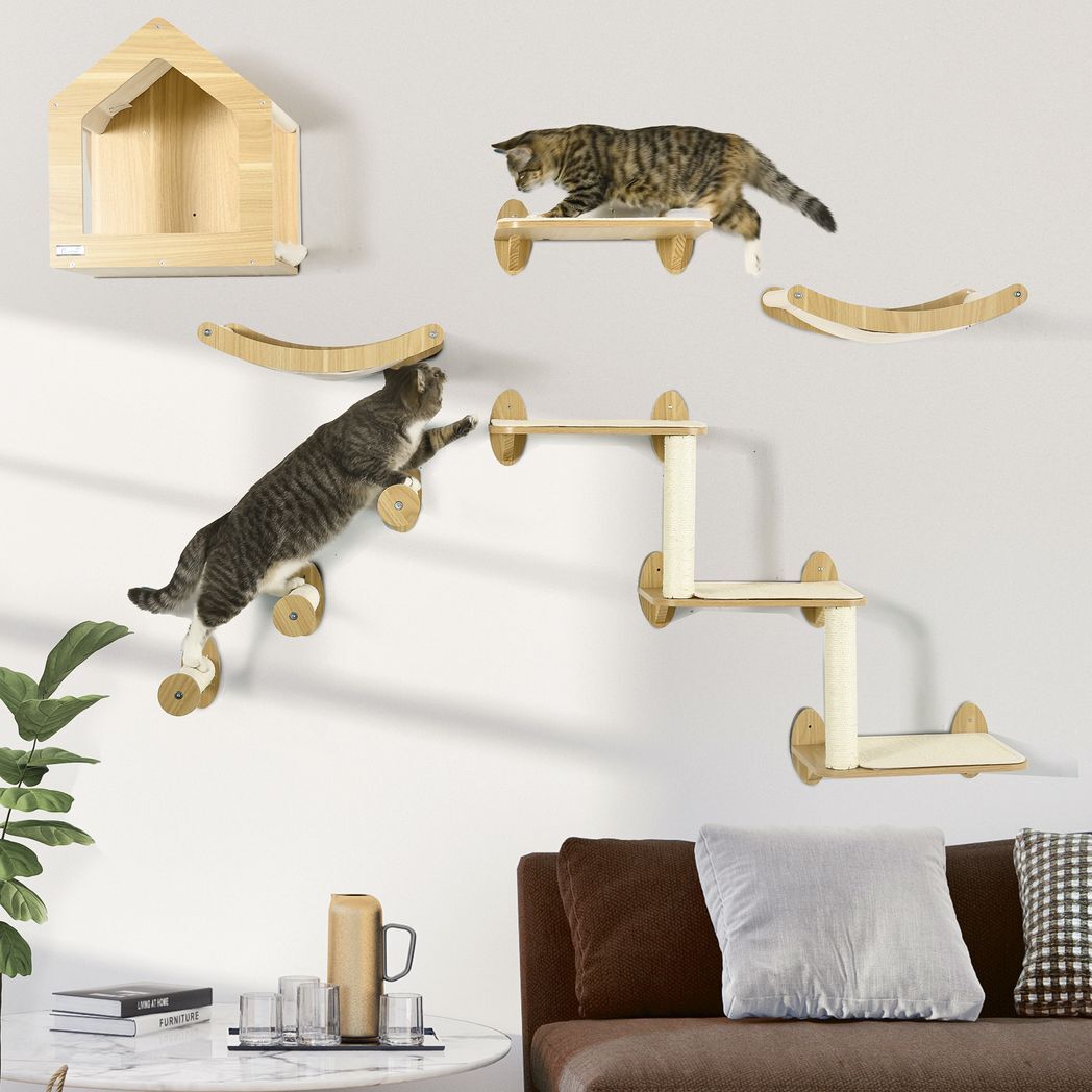 8 Piece Cat Shelves Set with Condo, 3 Perches, 3 Scratching Posts, Steps, Beige