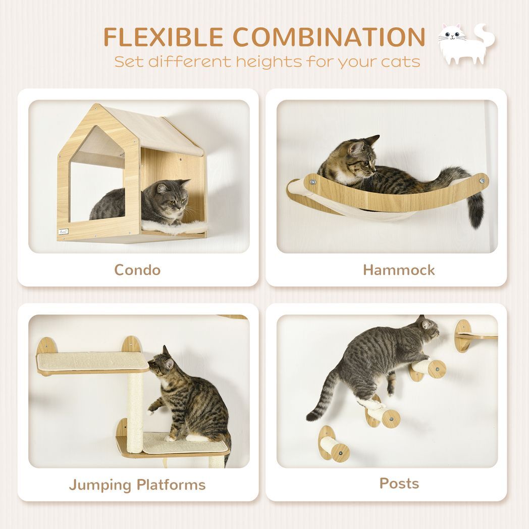 8 Piece Cat Shelves Set with Condo, 3 Perches, 3 Scratching Posts, Steps, Beige