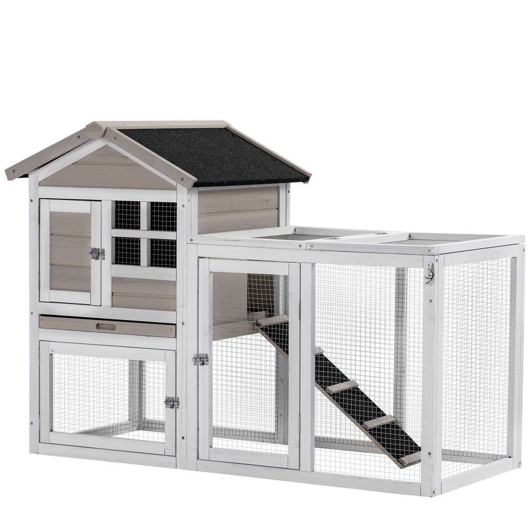 2-In-1 Wooden Rabbit Hutch w/ Double House, Run Box, Slide-Out Tray, Ramp