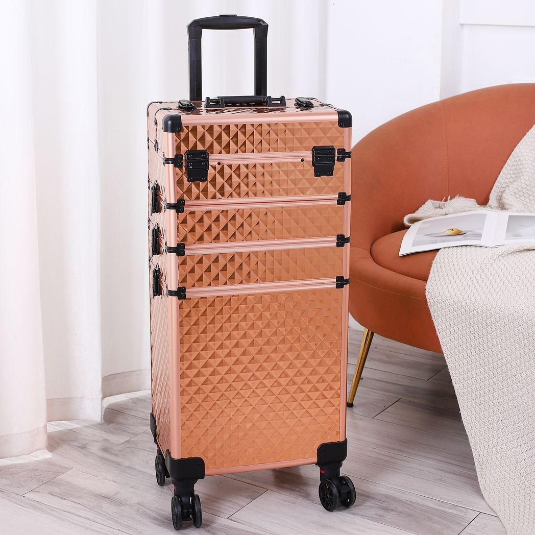 4-in-1 Draw-bar Style Interchangeable Aluminum Rolling Makeup Case-Rose Gold