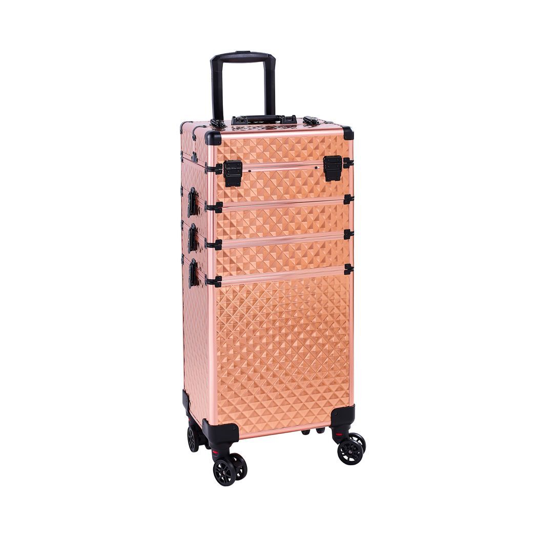 4-in-1 Draw-bar Style Interchangeable Aluminum Rolling Makeup Case-Rose Gold