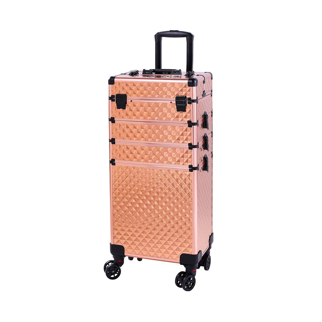 4-in-1 Draw-bar Style Interchangeable Aluminum Rolling Makeup Case-Rose Gold