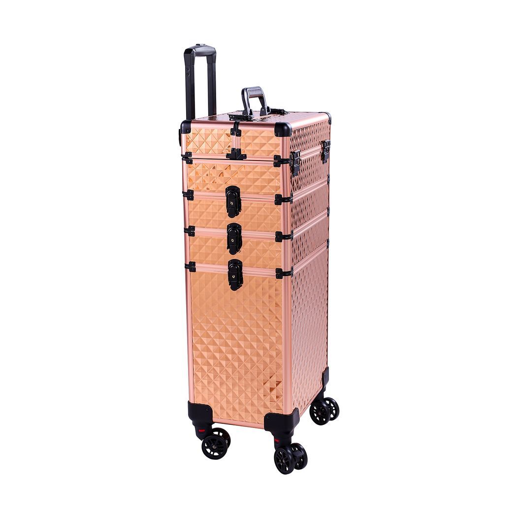 4-in-1 Draw-bar Style Interchangeable Aluminum Rolling Makeup Case-Rose Gold