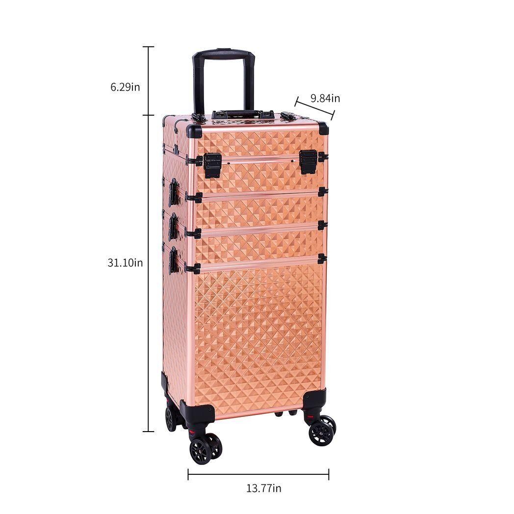 4-in-1 Draw-bar Style Interchangeable Aluminum Rolling Makeup Case-Rose Gold