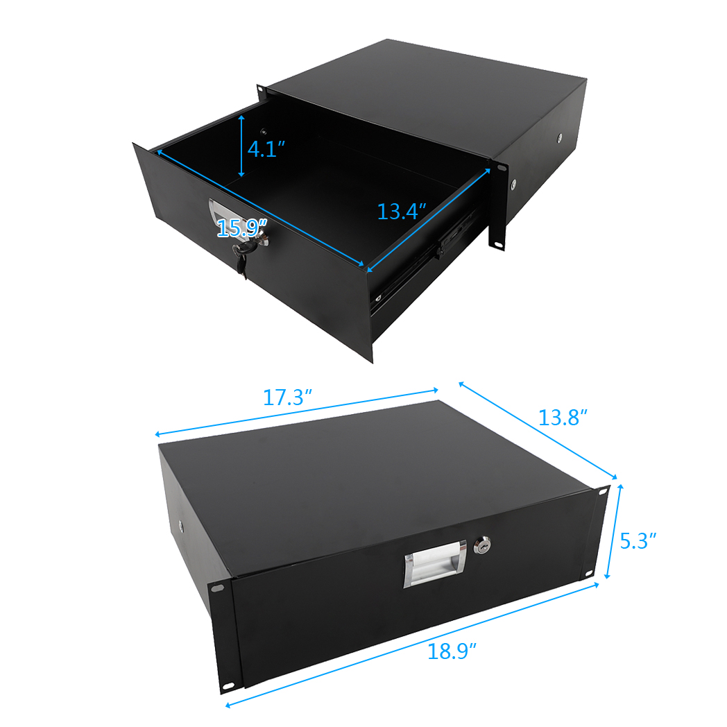 19" 3U Steel Plate DJ Drawer Equipment Cabinet with Keys Black